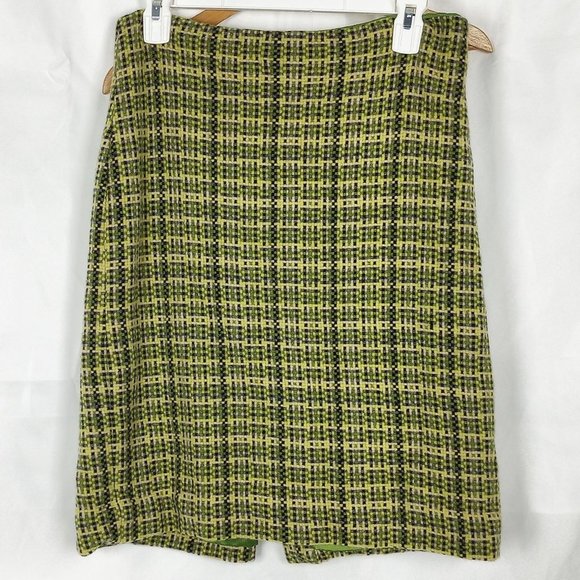 Theory Lime Green Plaid Tweed Wool Blend Knee Length Pencil Skirt Size 12 - Picture 1 of 15